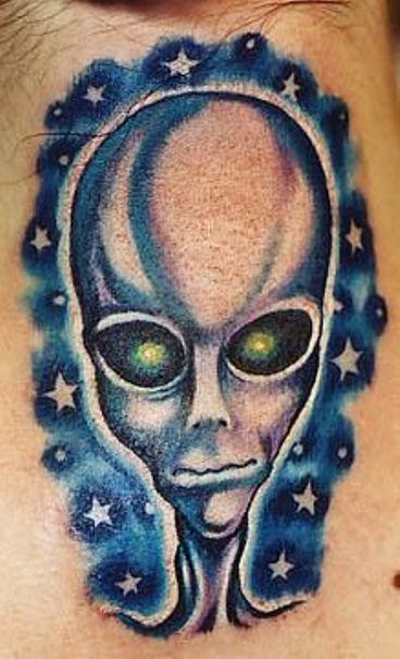 Green Eyes Blue Alien Head Tattoo For Men