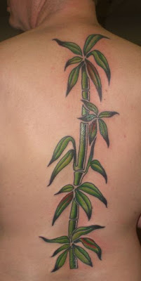 Green Ink Bamboo Tree Tattoo On Back