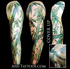 Green Ink Bamboo Trees Tattoo On Full Sleeve