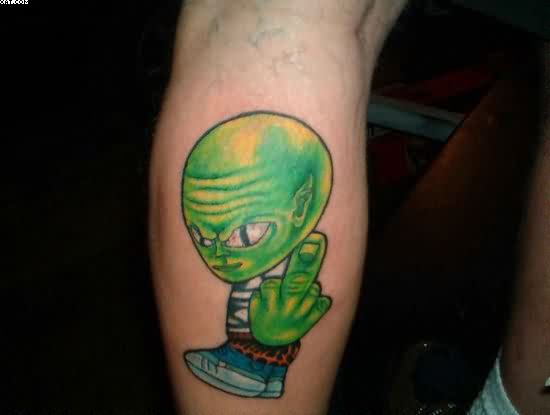 Green Ink Cute Alien Tattoo On Leg