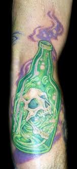 Green Ink Skull In Bottle Tattoo Design For Forearm