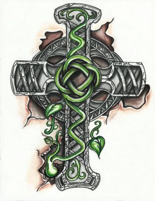 Green Vine Leaves And Celtic Cross Tattoo Design
