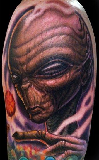 Grey Alien Tattoo Design On Shoulder
