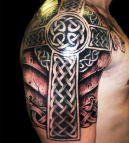 Grey And Black Ink Celtic Cross Tattoo On Man Right Shoulder