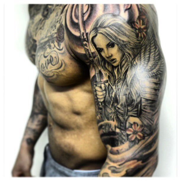 Grey Angel Tattoo On Left Sleeve For Men