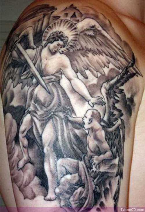 Grey Angel Tattoo On Man Right Half Sleeve