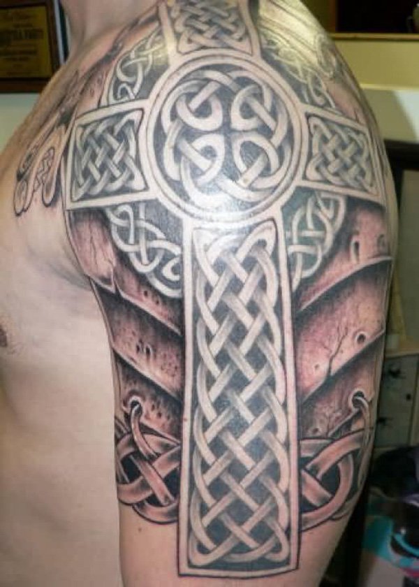 Grey Celtic Cross Tattoo On Man Left Shoulder