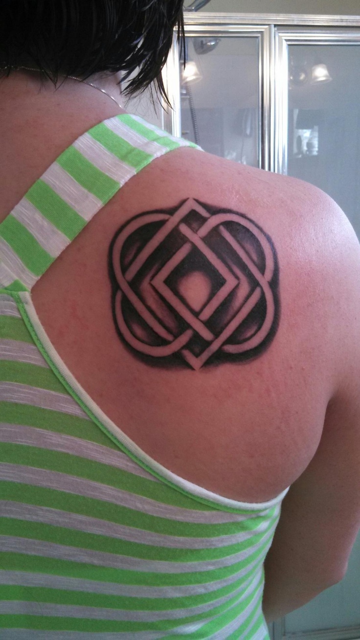 Grey Celtic Knot Tattoo On Girl Right Back Shoulder