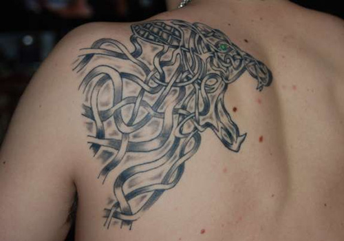Grey Celtic Tattoo On Man Left Back Shoulder