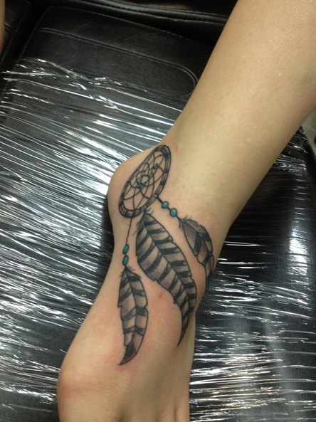 Grey Dreamcatcher Tattoo On Ankle For Girls