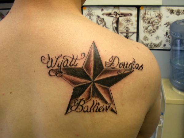 Grey Ink 3D Nautical Star Tattoo On Right Back Shoulder