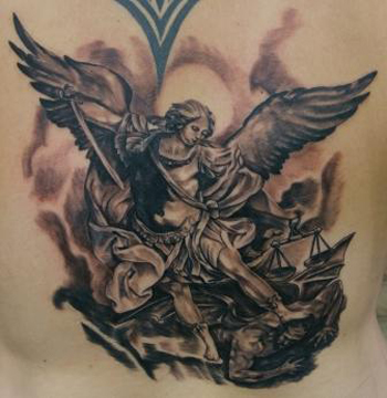 Grey Ink Angel And Demon Tattoos On Back Body