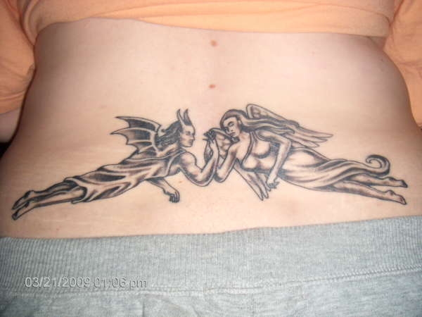 Grey Ink Angel And Devil Girl Tattoo Designs