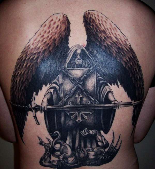 Grey Ink Angel Tattoo On Man Full Back