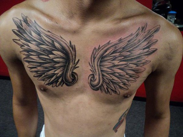 Grey Ink Angel Wings Tattoo Man Chest