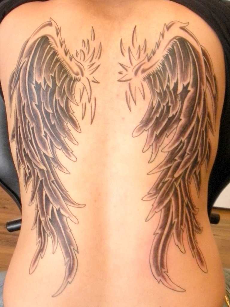 Grey Ink Angel Wings Tattoos On Back For Girls