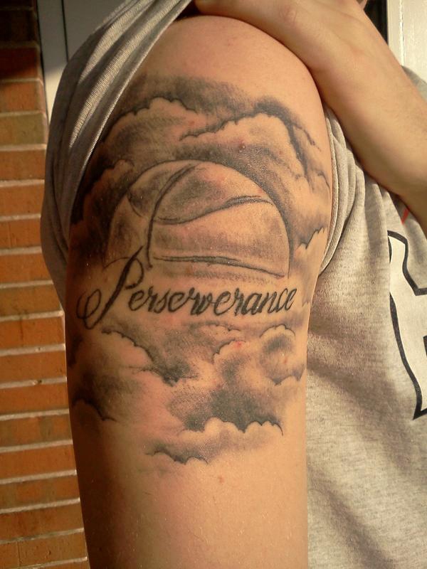 Grey Ink Basketball Tattoo On Right Shoulder