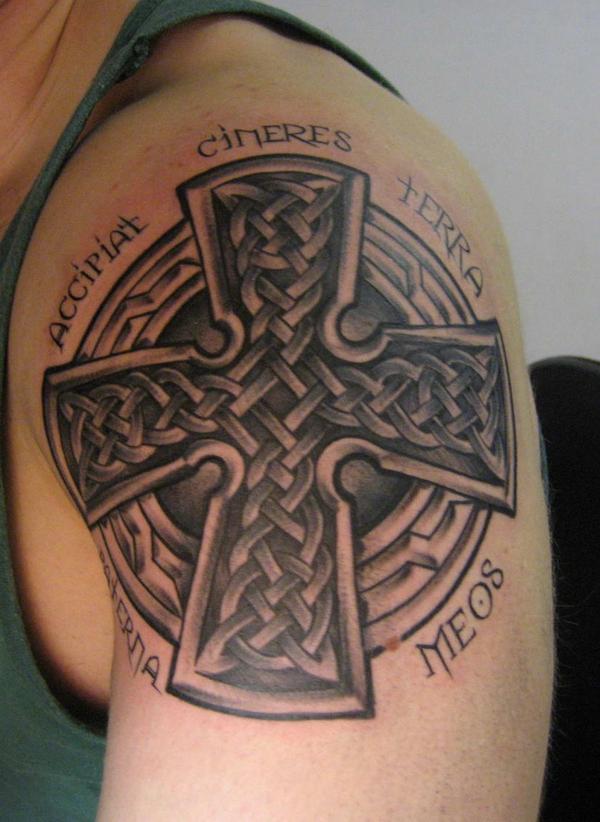 Grey Ink Celtic Cross Tattoo On Man Left Shoulder