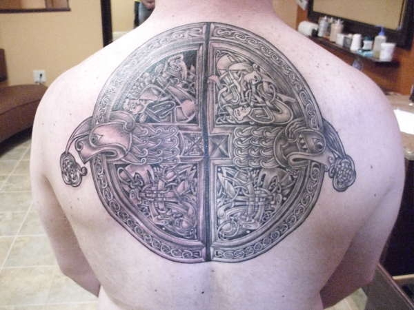 Grey Ink Celtic Knot Tattoo On Man Full Back