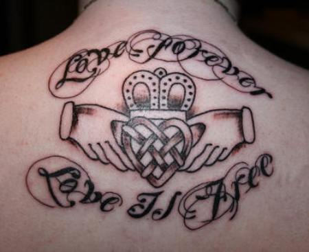 Grey Ink Claddagh And Celtic Love Heart Tattoo On Upper Back