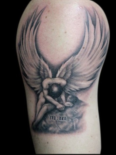 Grey Ink Fallen Angel Tattoo Design On Shoulder