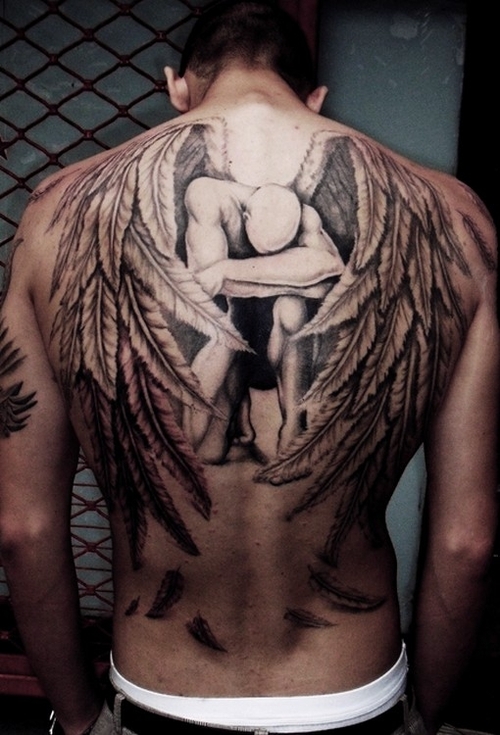 Grey Ink Fallen Angel Tattoo On Guy Upper Back