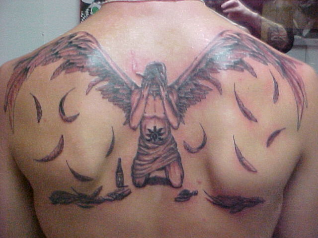 Grey Ink Fallen Angel Tattoo On Man Upper Back
