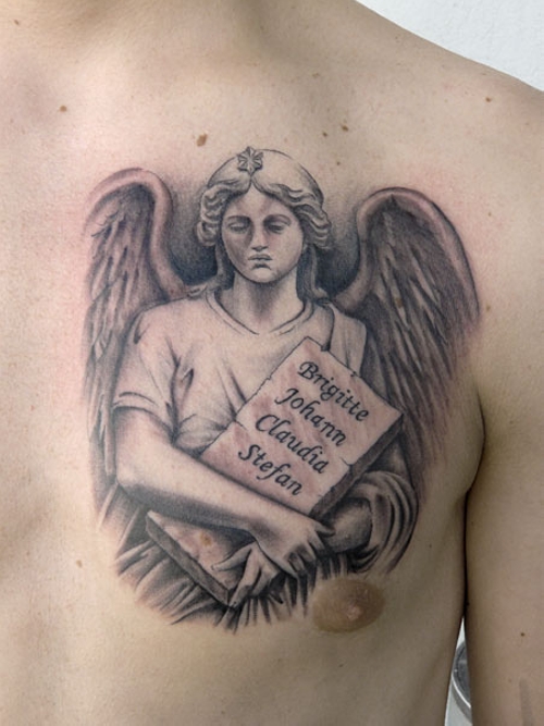Grey Ink Guardian Angel Tattoo On Chest For Men