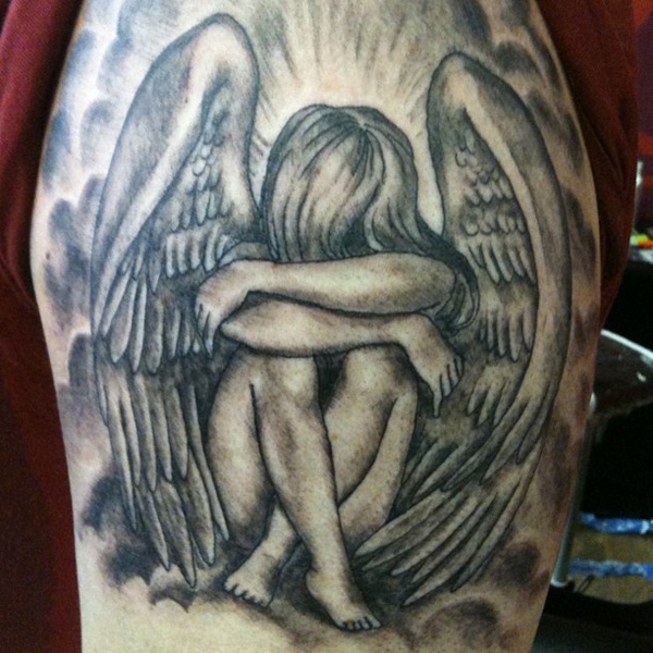 Grey Ink Sad Fallen Angel Girl Tattoo On Shoulder
