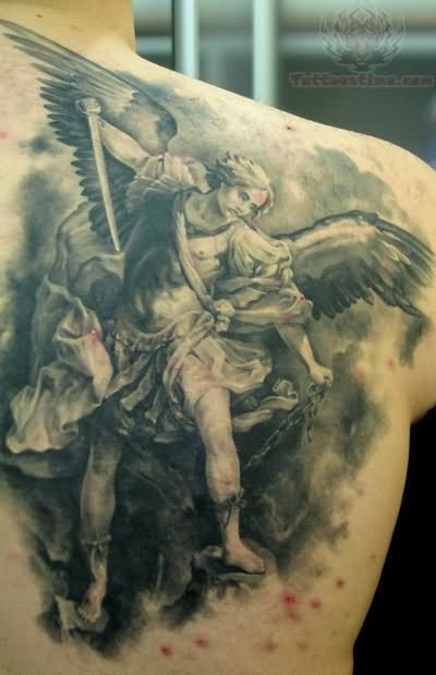 Grey Ink Warrior Angel Tattoo On Right Back Shoulder