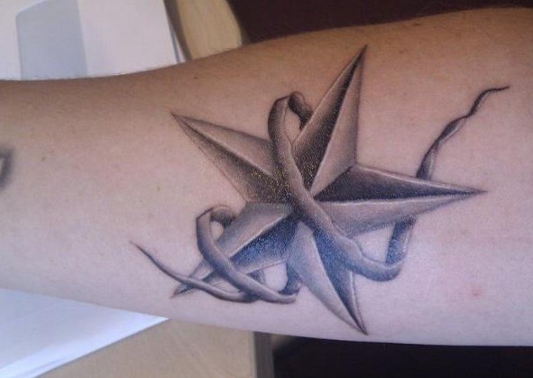 Grey Ribbon And 3D Star Tattoo On Forearm