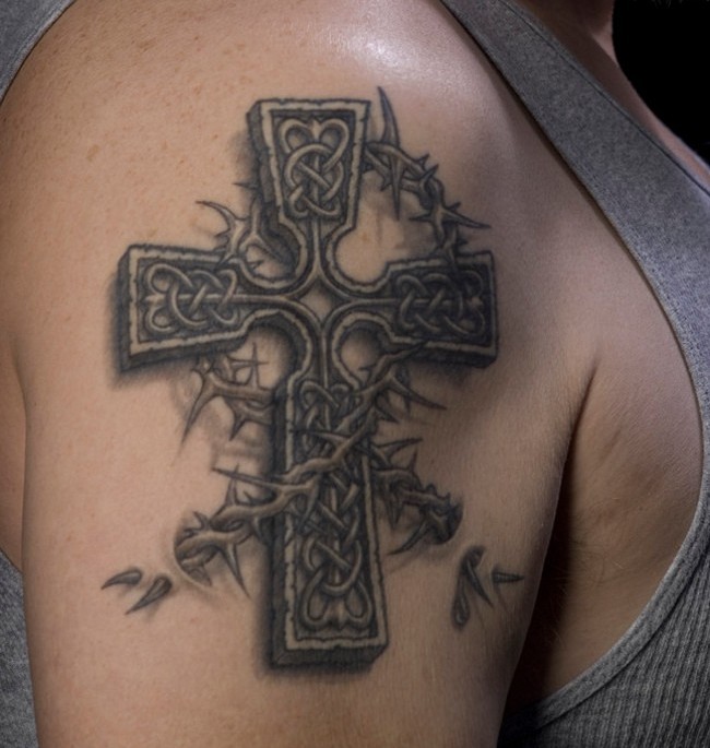 Grey Thorns And Celtic Cross Tattoo On Shoulder