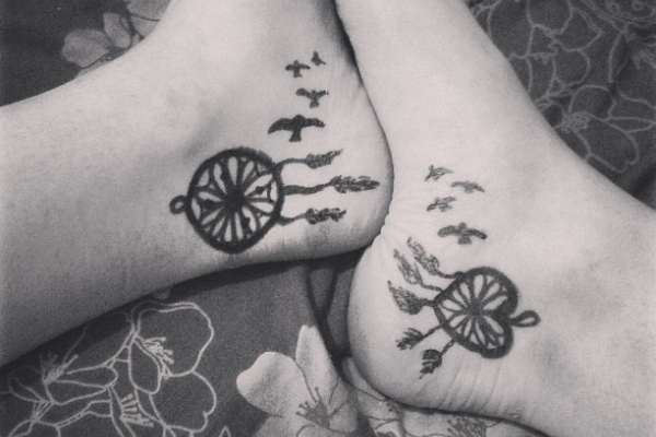 Heart And Dreamcatcher Tattoos On Both Feet