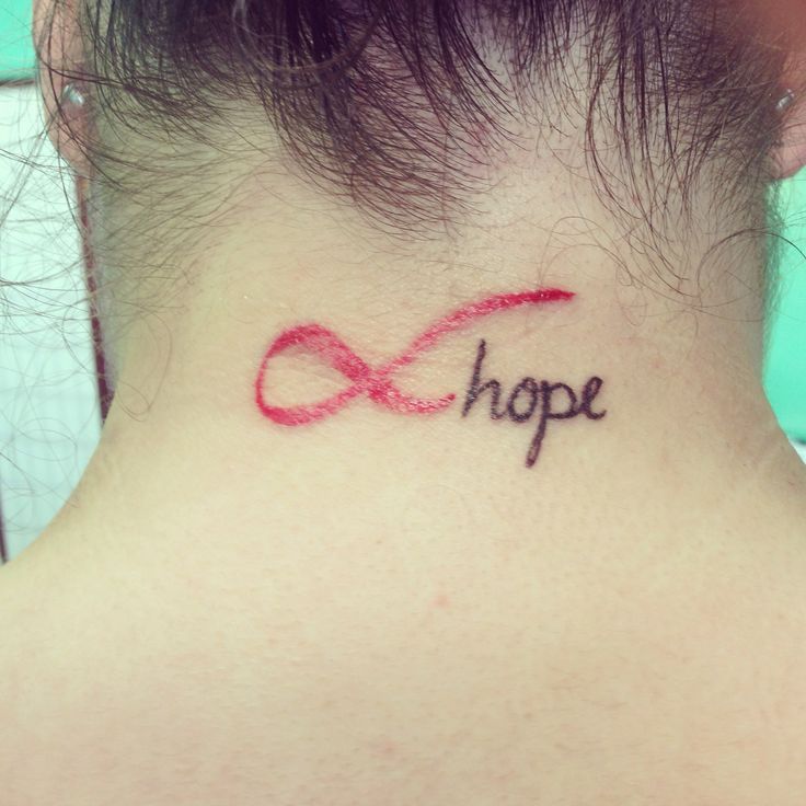 Hope - Pink Breast Cancer Logo Tattoo On Girl Back Neck
