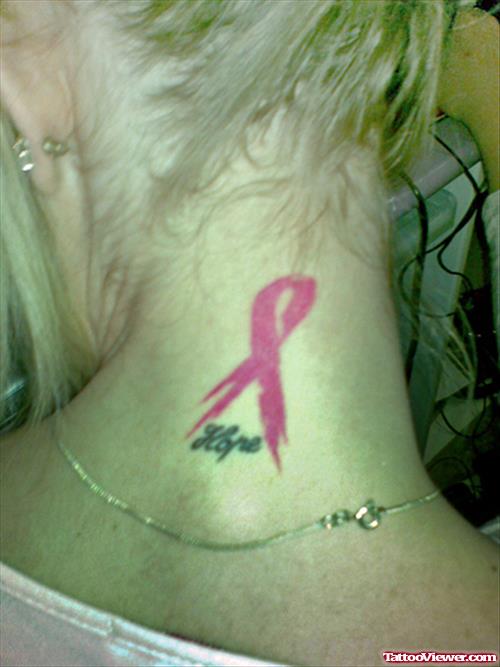 Hope - Pink Ink Breast Cancer Tattoo On Girl Back Neck