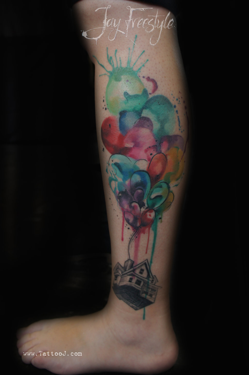 House Flying With Watercolor Balloons Tattoo On Leg By JayFreestyle