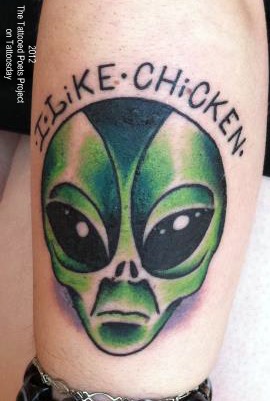 I Like Chicken Green Alien Head Tattoo On Leg