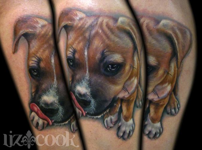 Jens Puppy Portrait Tattoo on Leg by Liz Cook