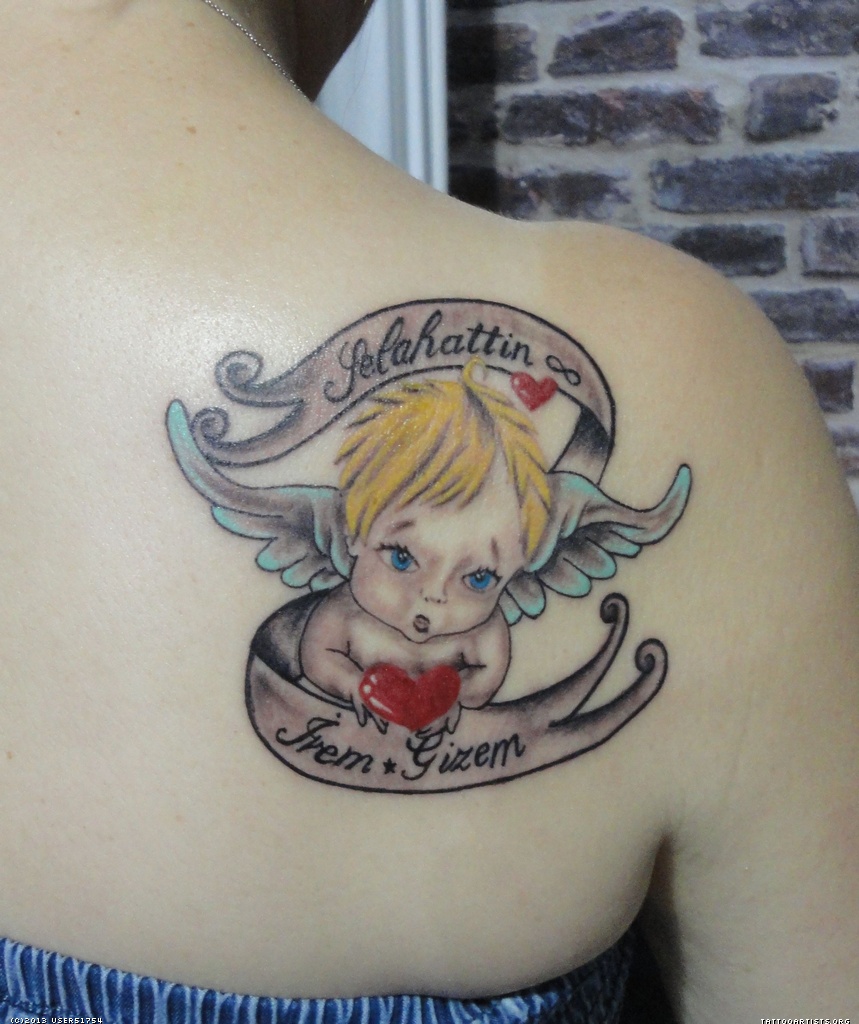 Little baby angel tattoo on girl back shoulder