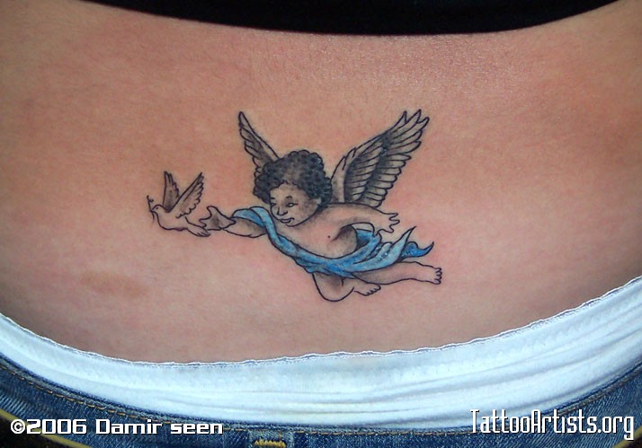 Little flying baby angel tattoo on back