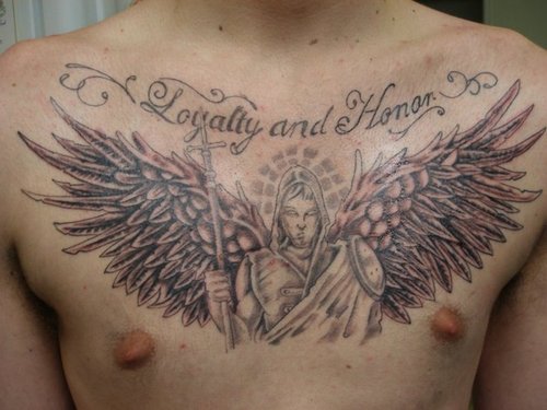 Loyalty And Honor Warrior Angel Chest Tattoo For Men