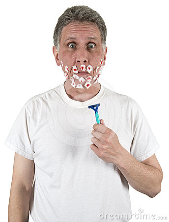 Man Shaving Face Full Of Cuts Funny Razor Image