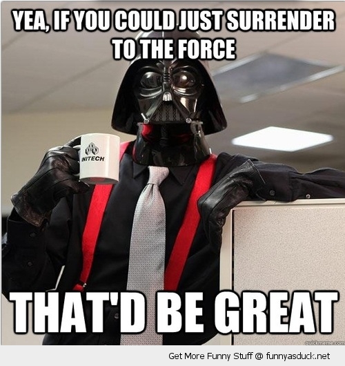 Man With Darth Vader Mask In Office Funny Meme Image
