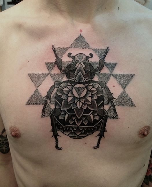 Mandala Flower Beetle Tattoo On Man Chest By Erik Jacobsen
