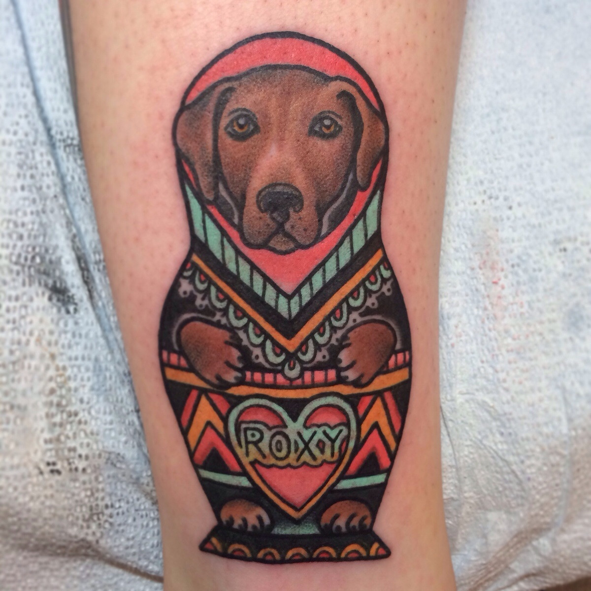 Matryoshka Puppy Tribute tattoo by Jenn Small