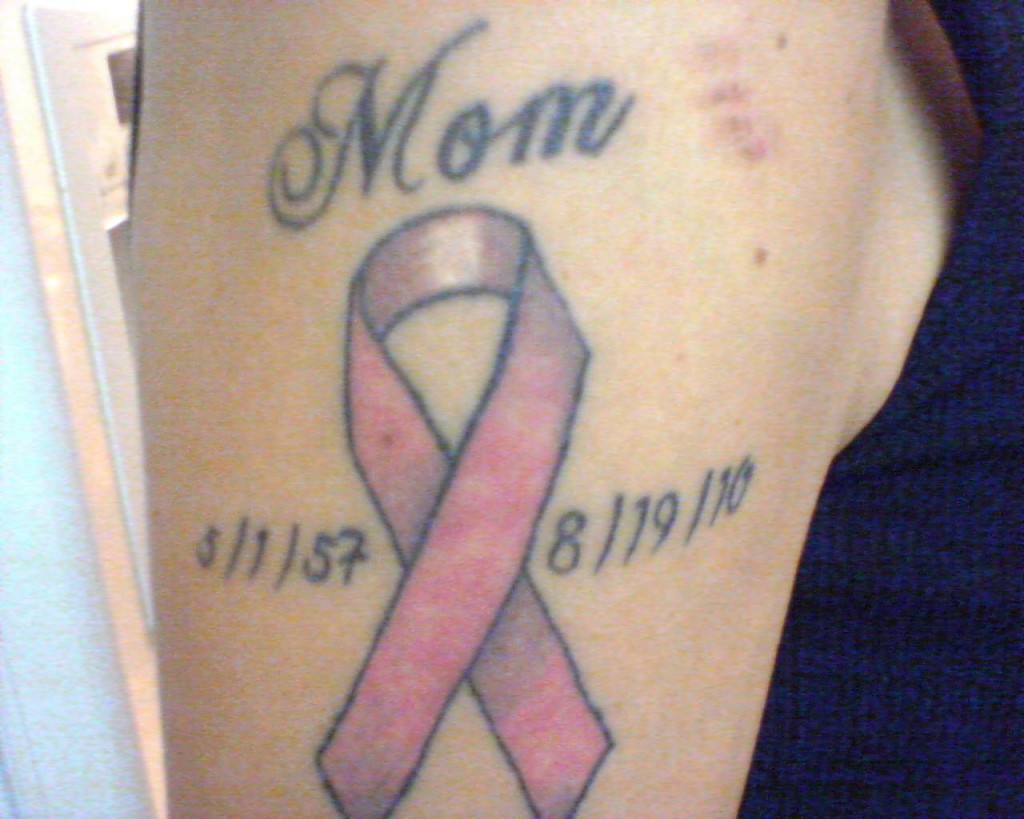 Memorial Breast Cancer Logo Tattoo On Right Shoulder
