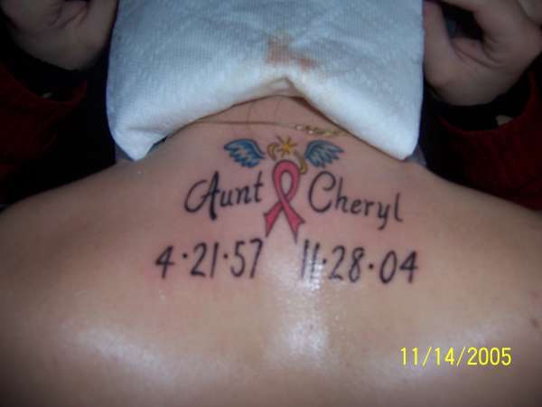 Memorial Breast Cancer Logo Tattoo On Upper Back