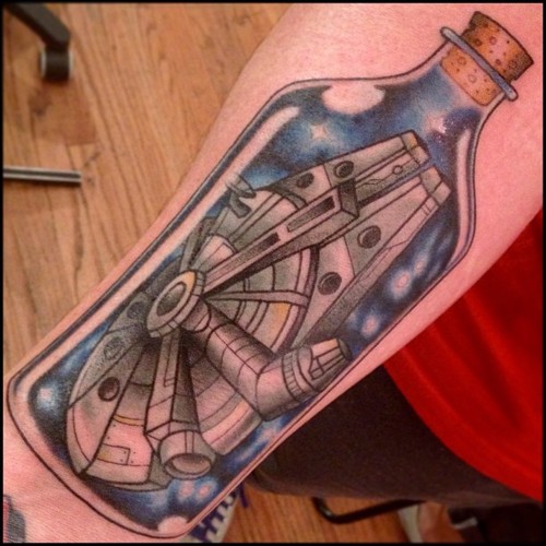 Millennium Falcon In Bottle Tattoo Design For Half Sleeve By Richard Smith