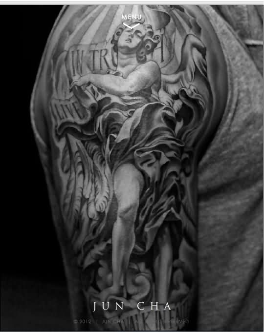 Nice Angel Sleeve Tattoo On Right Half Sleeve