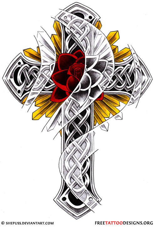 Nice Celtic Cross With Red Rose Tattoo Design